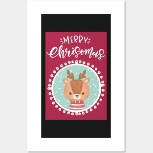 Merry Christmas, greetingcard with a cute little deer in the snow Posters and Art